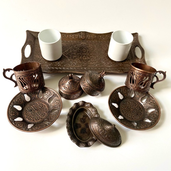 Elegant Turkish Copper Coffee Tea Set floral motifs Platin Zamak & Porcelain - Picture 1 of 7